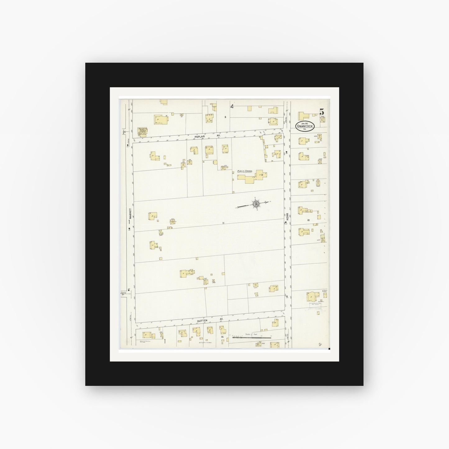 Old map wall art mockup — black gallery frame with white mat — Sanborn Fire Insurance Map from Onancock, Accomack County, Virginia (1912), Sheet #0005