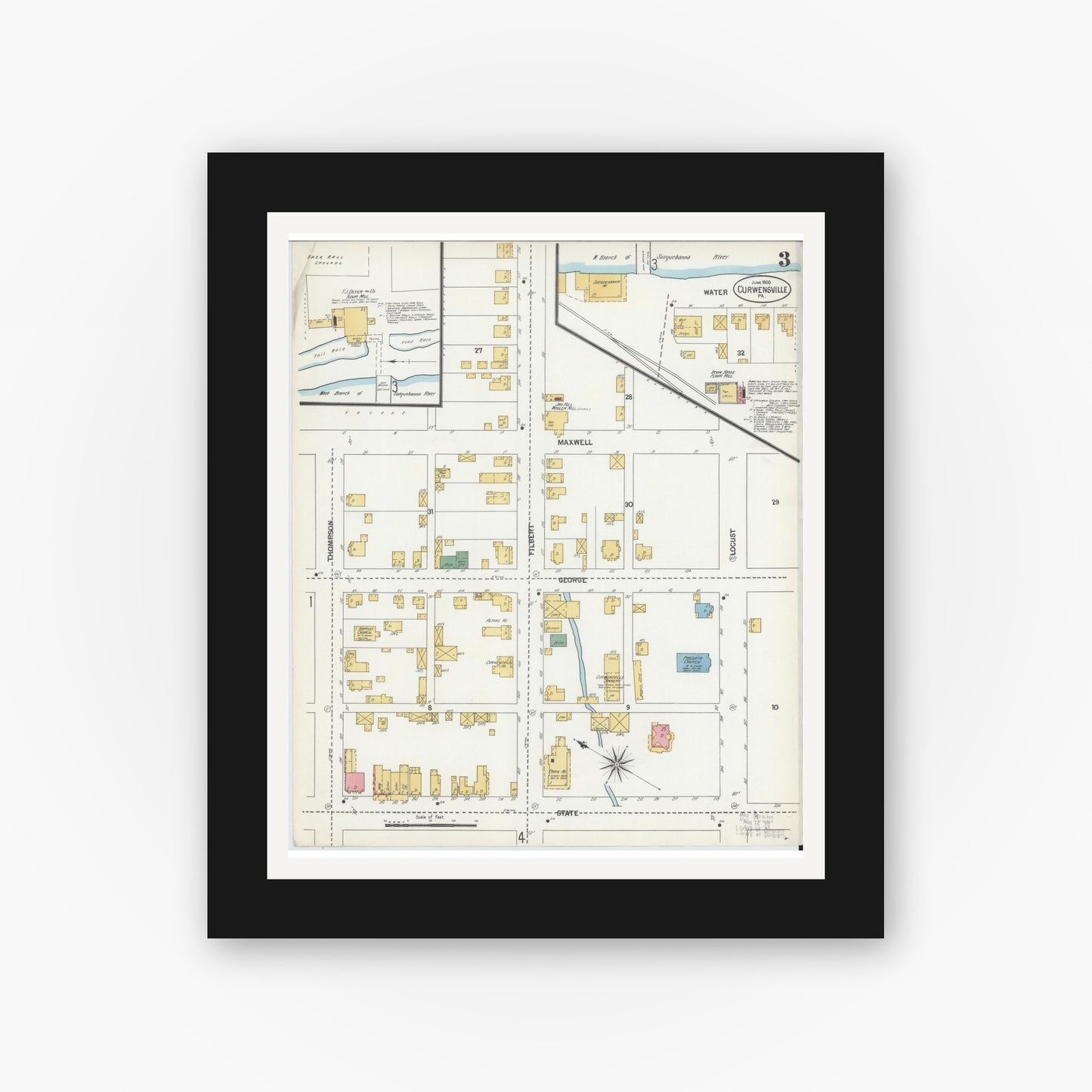 Old map wall art mockup — black gallery frame with white mat — Sanborn Fire Insurance Map from Curwensville, Clearfield County, Pennsylvania (1900), Sheet #0003