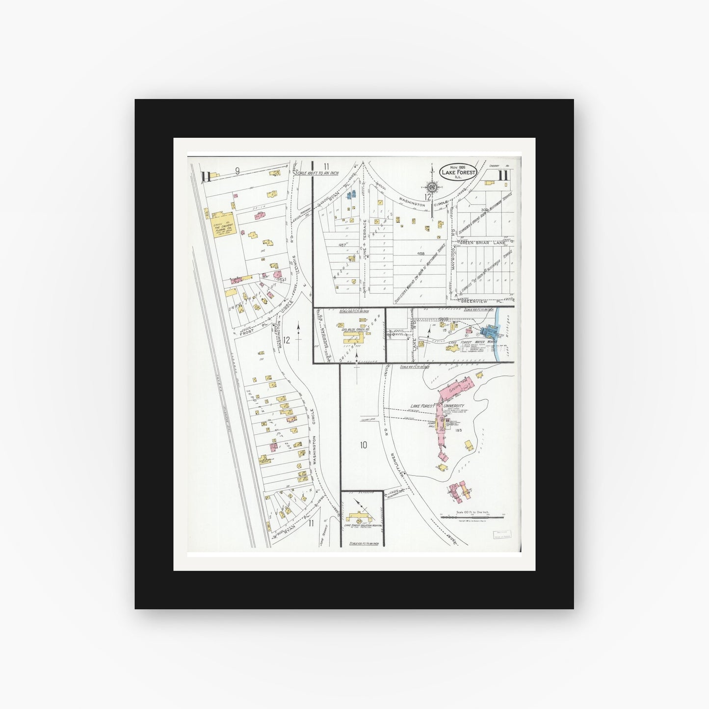 Old map wall art mockup — black gallery frame with white mat — Sanborn Fire Insurance Map from Lake Forest, Lake County, Illinois (1926), Sheet #0011