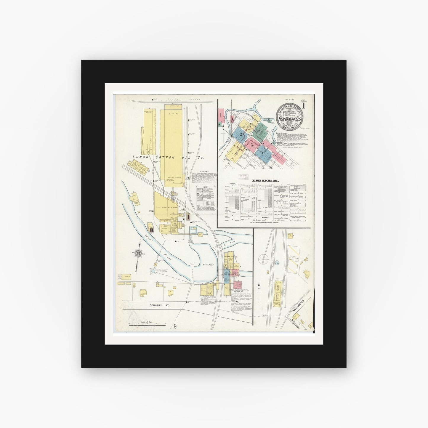 Old map wall art mockup — black gallery frame with white mat — Sanborn Fire Insurance Map from New Braunfels, Comal County, Texas (1912), Sheet #0001