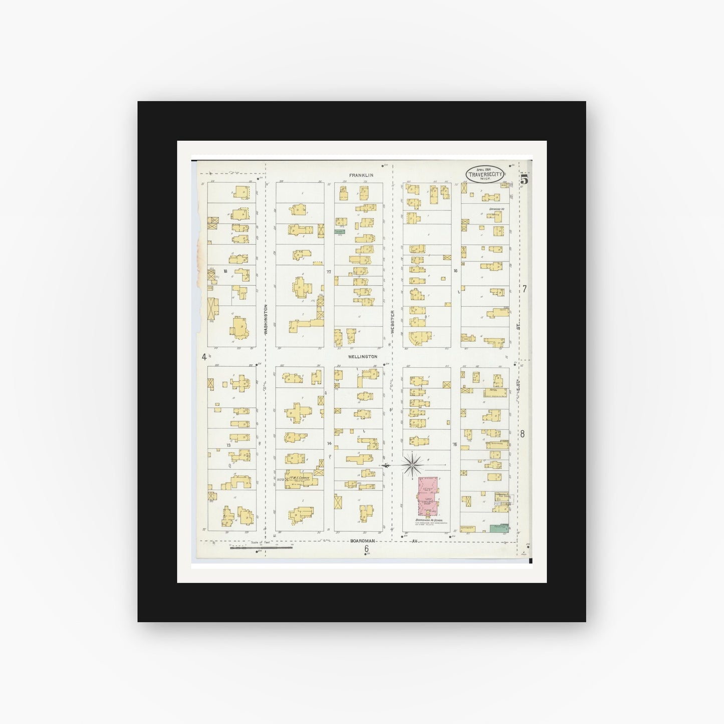 Old map wall art mockup — black gallery frame with white mat — Sanborn Fire Insurance Map from Traverse City, Grand Traverse County, Michigan (1904), Sheet #0005
