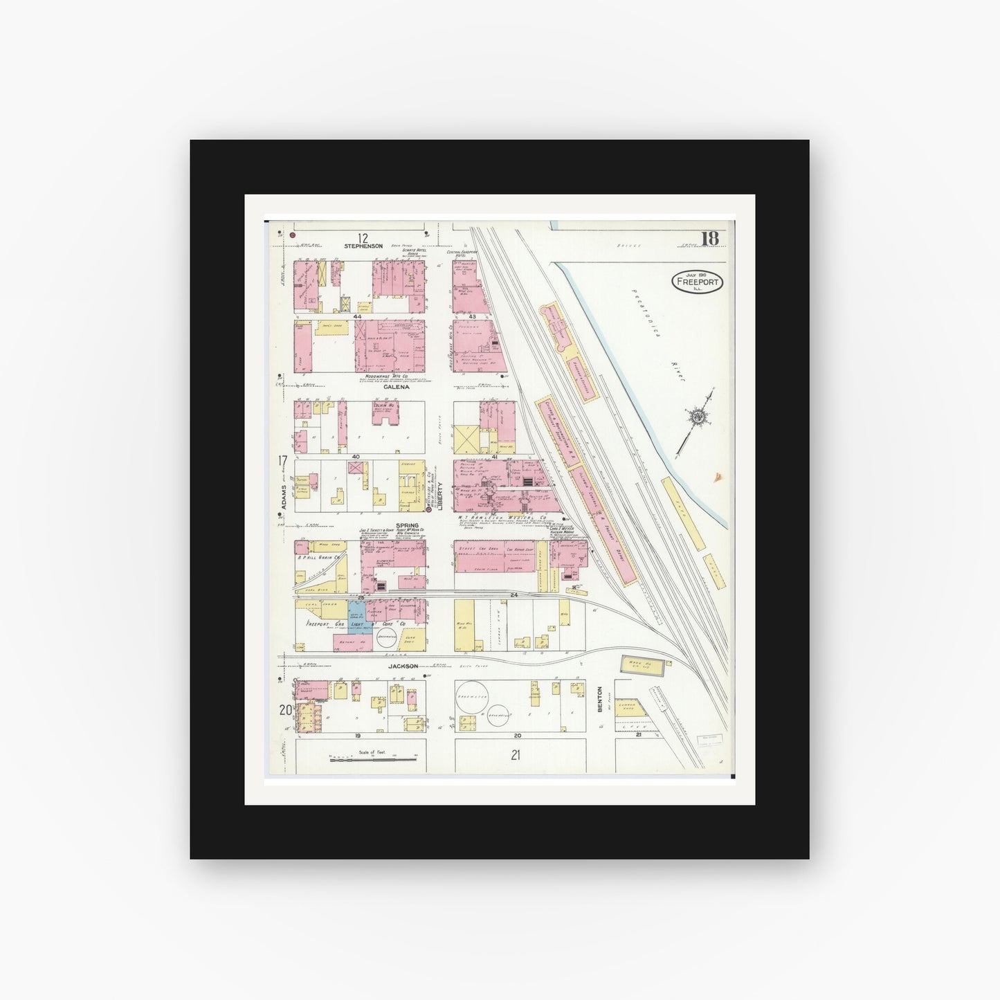 Old map wall art mockup — black gallery frame with white mat — Sanborn Fire Insurance Map from Freeport, Stephenson County, Illinois (1910), Sheet #0018