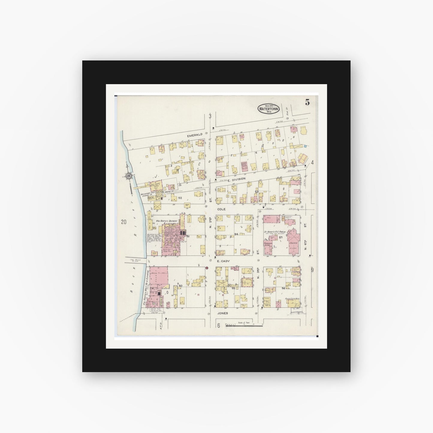 Old map wall art mockup — black gallery frame with white mat — Sanborn Fire Insurance Map from Watertown, Jefferson County, Wisconsin (1915), Sheet #0006