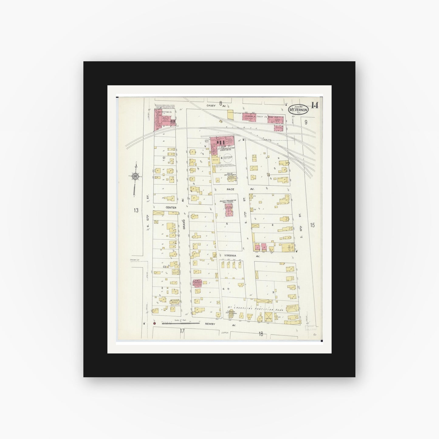 Old map wall art mockup — black gallery frame with white mat — Sanborn Fire Insurance Map from Mount Vernon, Jefferson County, Illinois (1913), Sheet #0014