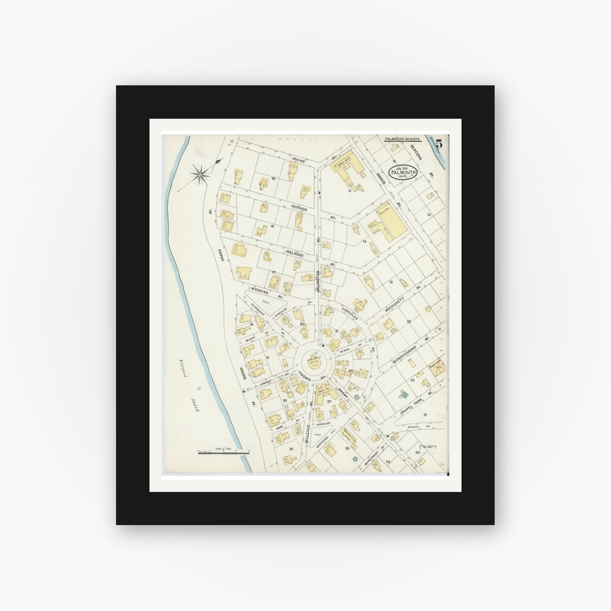 Old map wall art mockup — black gallery frame with white mat — Sanborn Fire Insurance Map from Falmouth, Barnstable County, Massachusetts (1906), Sheet #0005