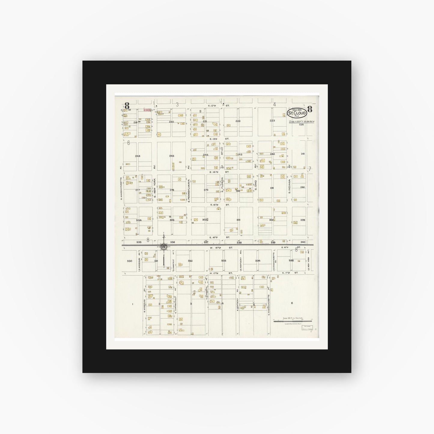 Old map wall art mockup — black gallery frame with white mat — Sanborn Fire Insurance Map from Saint Cloud, Osceola County, Florida (1924), Sheet #0008