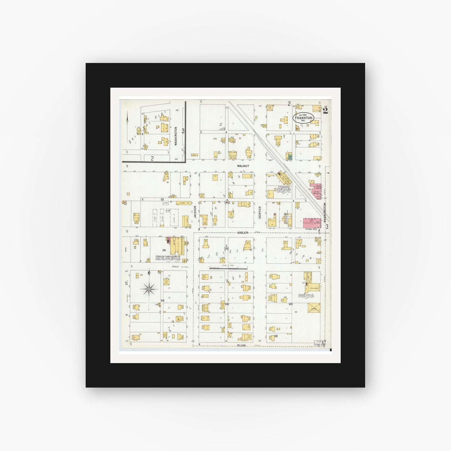 Old map wall art mockup — black gallery frame with white mat — Sanborn Fire Insurance Map from Frankton, Madison County, Indiana (1900), Sheet #0002