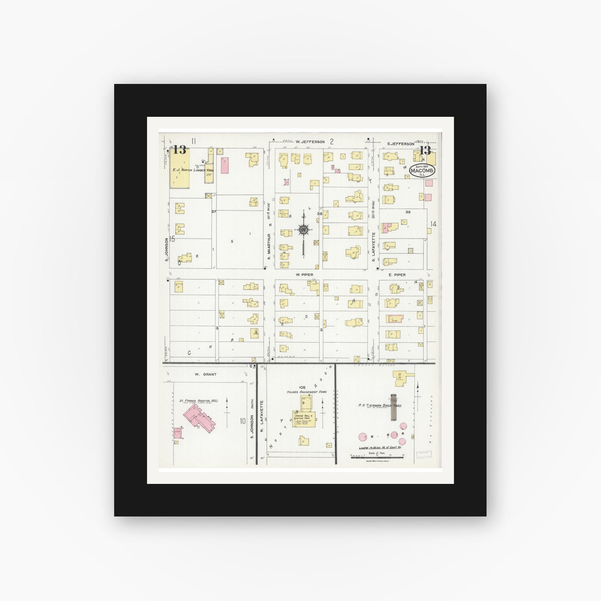 Old map wall art mockup — black gallery frame with white mat — Sanborn Fire Insurance Map from Macomb, Mcdonough County, Illinois (1924), Sheet #0013
