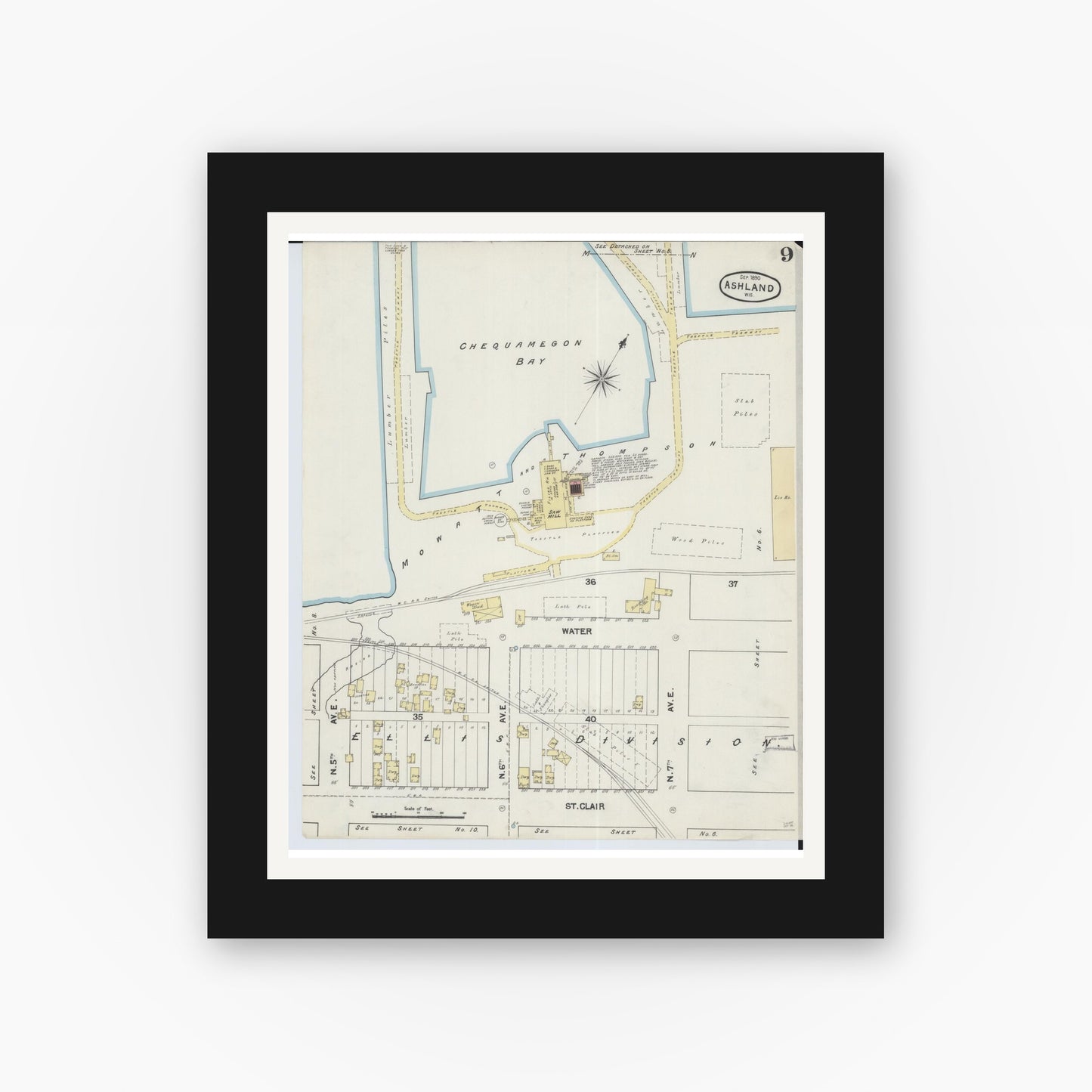 Old map wall art mockup — black gallery frame with white mat — Sanborn Fire Insurance Map from Ashland, Ashland County, Wisconsin (1890), Sheet #0009