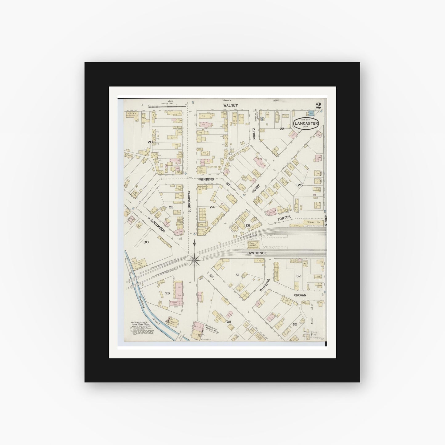 Old map wall art mockup — black gallery frame with white mat — Sanborn Fire Insurance Map from Lancaster, Fairfield County, Ohio (1889), Sheet #0002