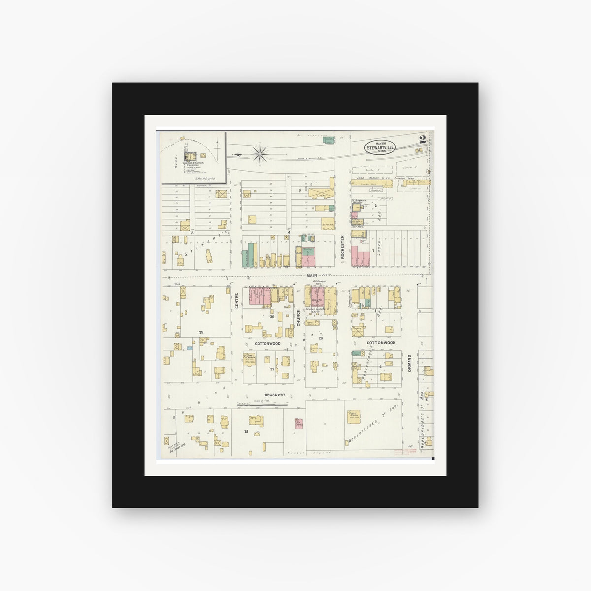Old map wall art mockup — black gallery frame with white mat — Sanborn Fire Insurance Map from Stewartville, Olmsted County, Minnesota (1899), Sheet #0002