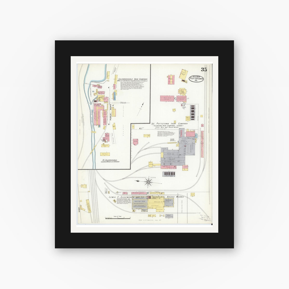 Old map wall art mockup — black gallery frame with white mat — Sanborn Fire Insurance Map from Pottstown, Montgomery County, Pennsylvania (1909), Sheet #0035