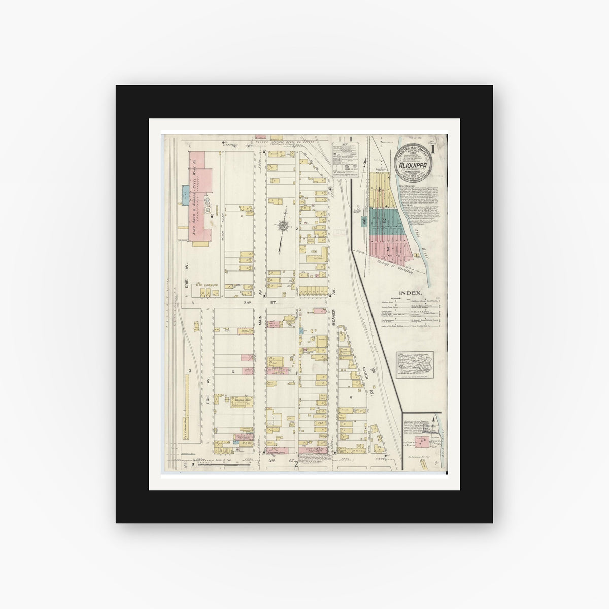 Old map wall art mockup — black gallery frame with white mat — Sanborn Fire Insurance Map from Aliquippa, Beaver County, Pennsylvania (1912), Sheet #0001