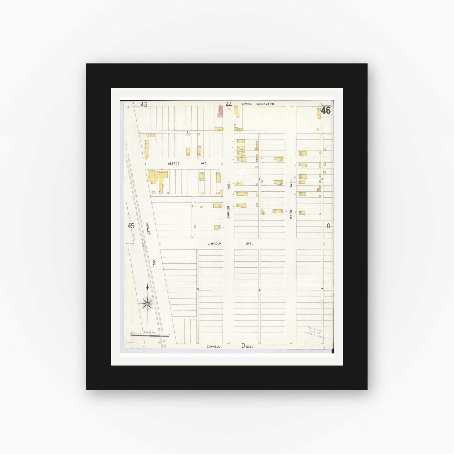 Old map wall art mockup — black gallery frame with white mat — Sanborn Fire Insurance Map from Hamilton, Butler County, Ohio (1899), Sheet #0046