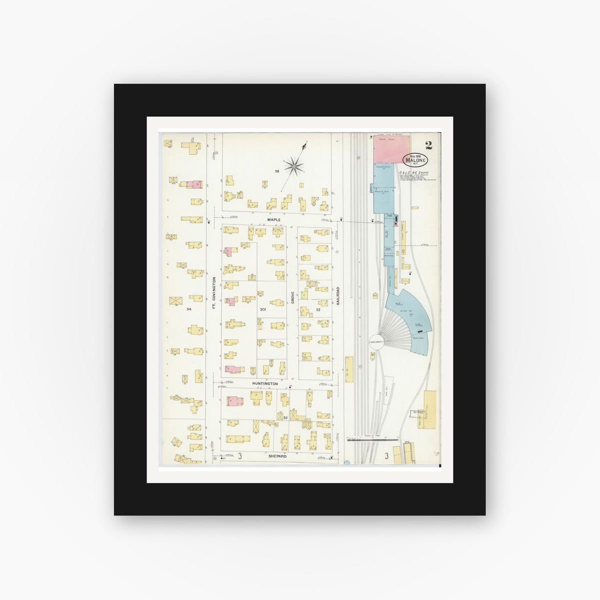 Old map wall art mockup — black gallery frame with white mat — Sanborn Fire Insurance Map from Malone, Franklin County, New York (1908) - Complete Map Set