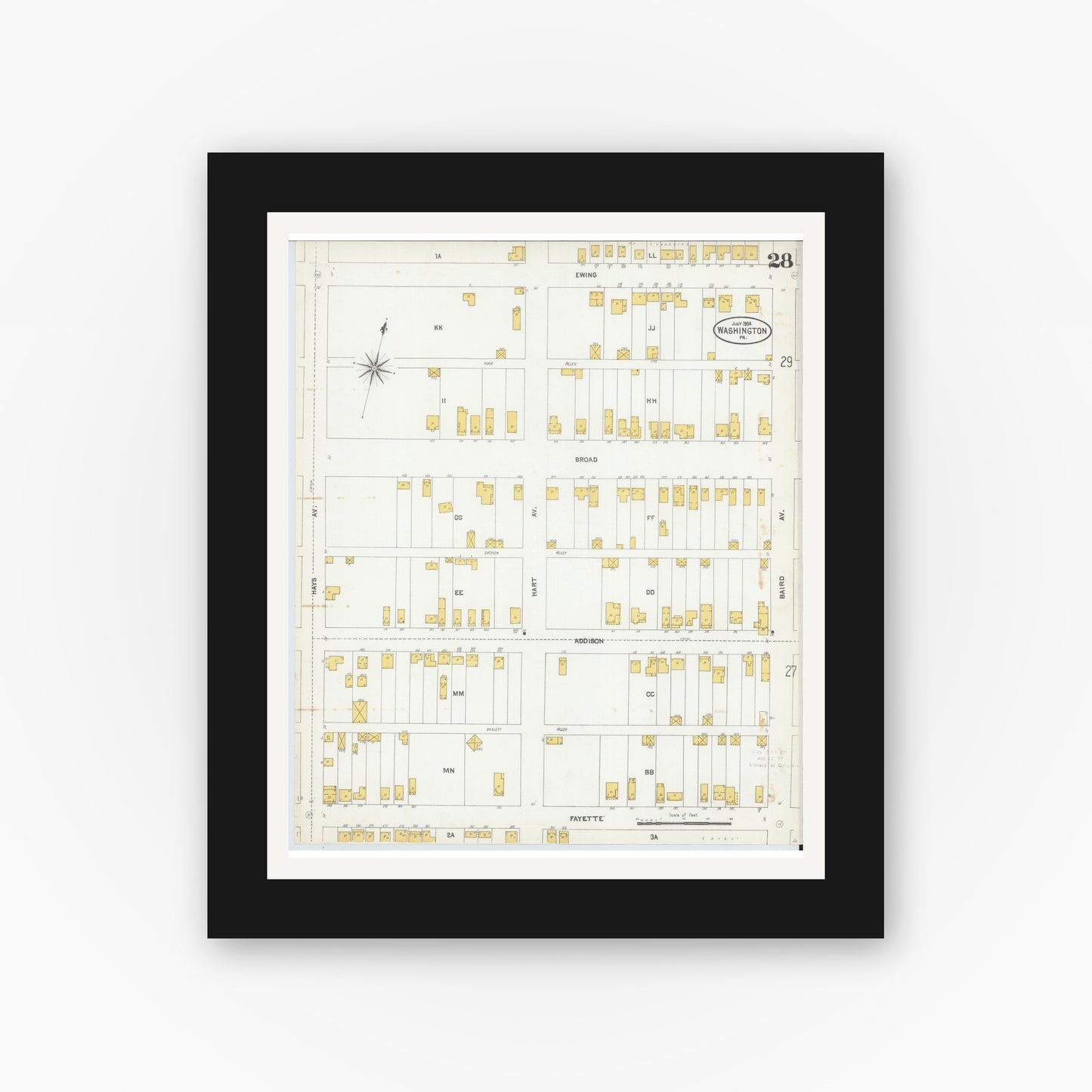 Old map wall art mockup — black gallery frame with white mat — Sanborn Fire Insurance Map from Washington, Washington County, Pennsylvania (1904), Sheet #0028