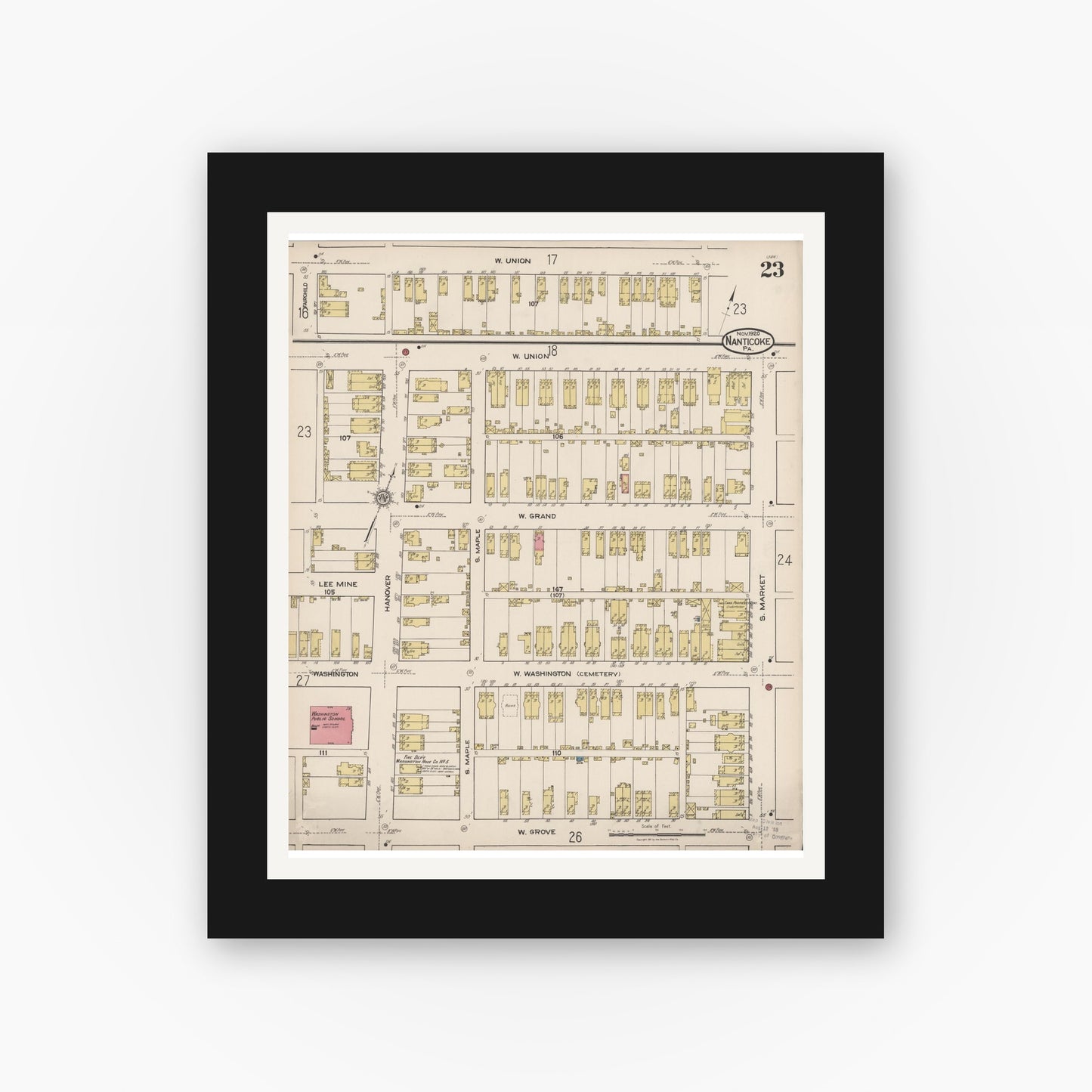 Old map wall art mockup — black gallery frame with white mat — Sanborn Fire Insurance Map from Nanticoke, Luzerne County, Pennsylvania (1920), Sheet #0023