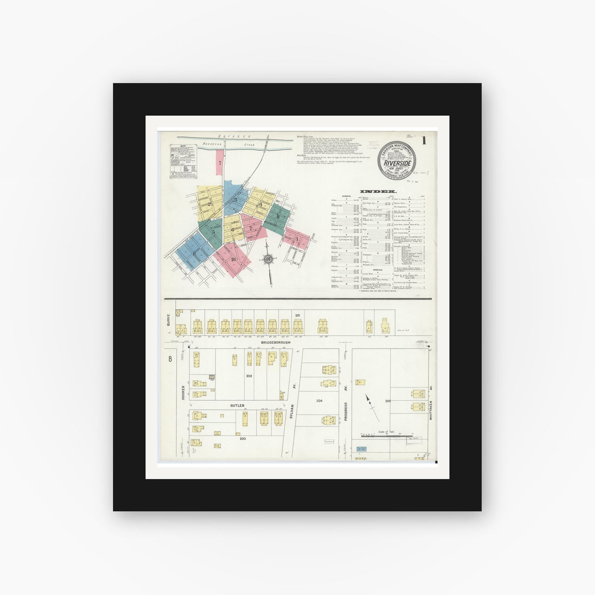 Old map wall art mockup — black gallery frame with white mat — Sanborn Fire Insurance Map from Riverside, Burlington County, New Jersey (1911), Sheet #0001