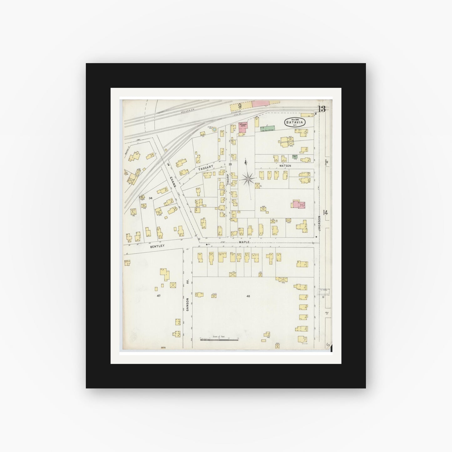 Old map wall art mockup — black gallery frame with white mat — Sanborn Fire Insurance Map from Batavia, Genesee County, New York (1896), Sheet #0013