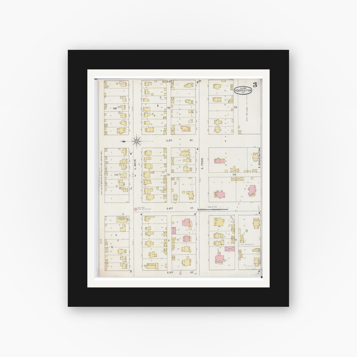 Old map wall art mockup — black gallery frame with white mat — Sanborn Fire Insurance Map from Hoopeston, Vermilion County, Illinois (1895), Sheet #0003