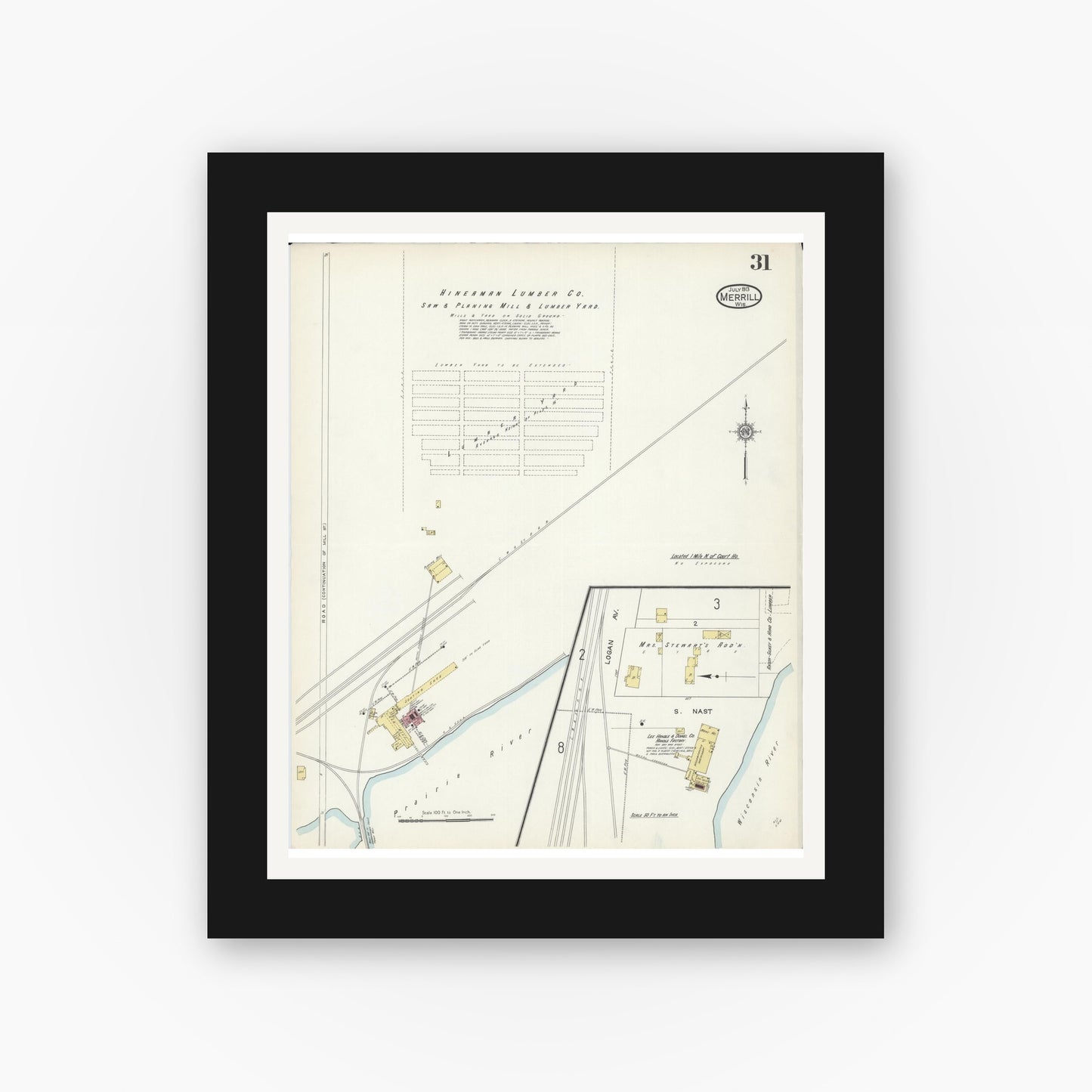 Old map wall art mockup — black gallery frame with white mat — Sanborn Fire Insurance Map from Merrill, Lincoln County, Wisconsin (1913), Sheet #0031