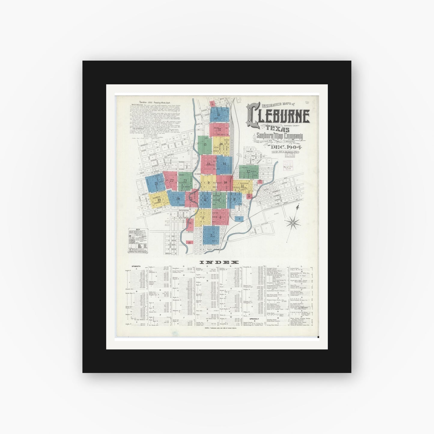 Old map wall art mockup — black gallery frame with white mat — Sanborn Fire Insurance Map from Cleburne, Johnson County, Texas (1904), Sheet #0001