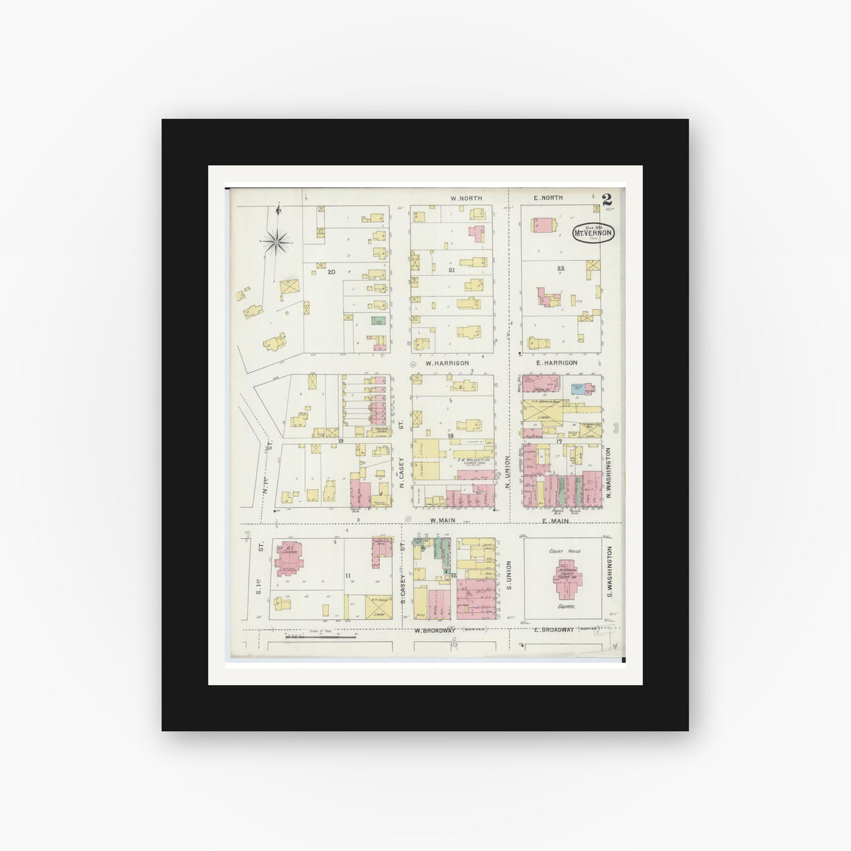 Old map wall art mockup — black gallery frame with white mat — Sanborn Fire Insurance Map from Mount Vernon, Jefferson County, Illinois (1894), Sheet #0002