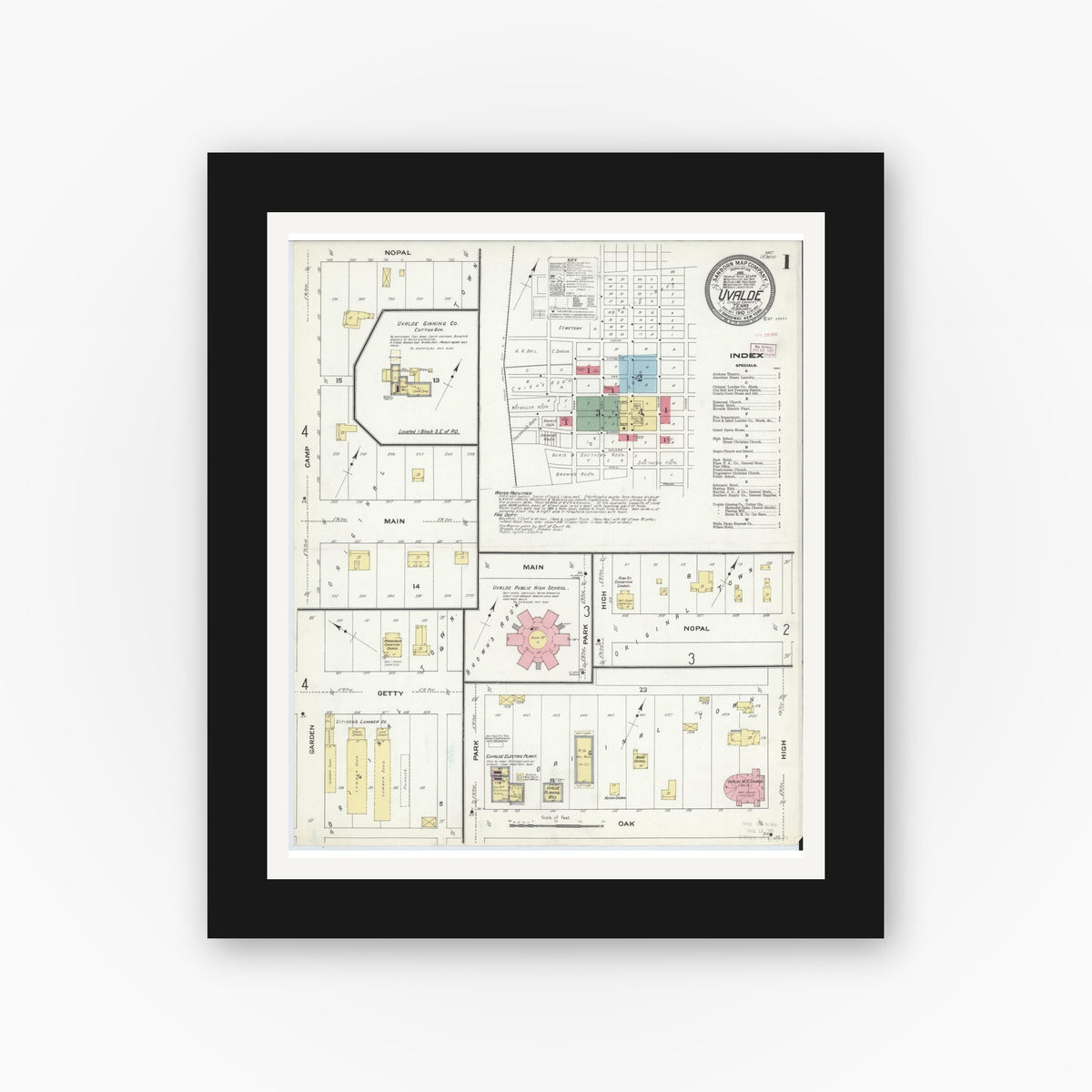 Old map wall art mockup — black gallery frame with white mat — Sanborn Fire Insurance Map from Uvalde, Uvalde County, Texas (1910) - Complete Map Set