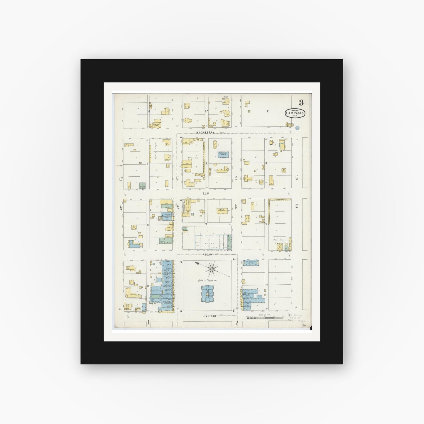 Old map wall art mockup — black gallery frame with white mat — Sanborn Fire Insurance Map from Lampasas, Lampasas County, Texas (1896), Sheet #0003