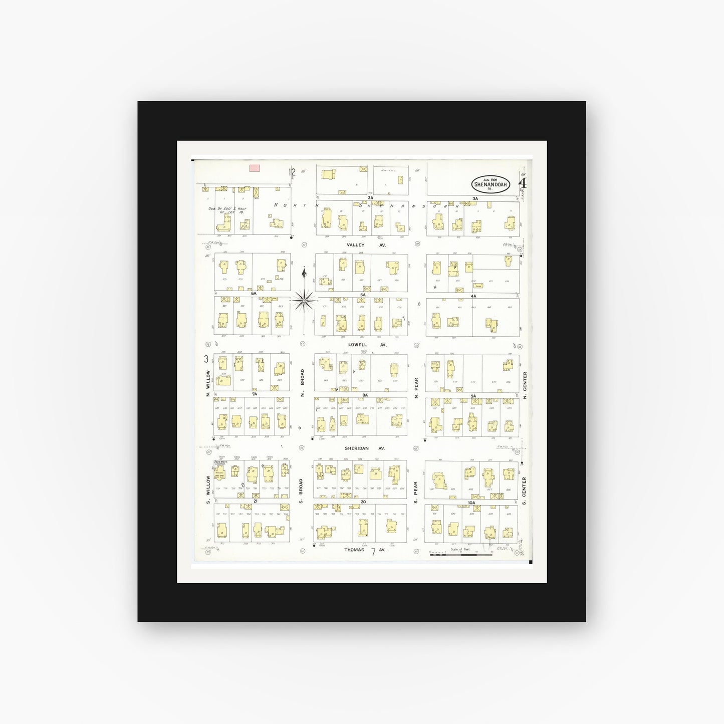 Old map wall art mockup — black gallery frame with white mat — Sanborn Fire Insurance Map from Shenandoah, Page County, Iowa (1909), Sheet #0004