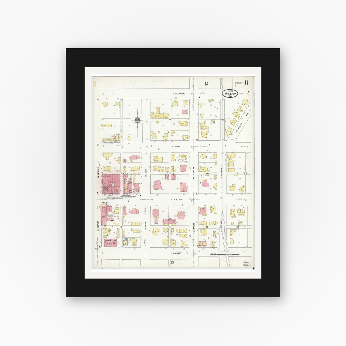 Old map wall art mockup — black gallery frame with white mat — Sanborn Fire Insurance Map from Warsaw, Kosciusko County, Indiana (1910), Sheet #0006