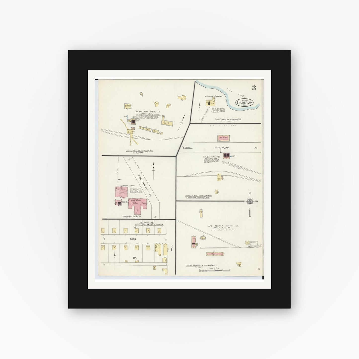 Old map wall art mockup — black gallery frame with white mat — Sanborn Fire Insurance Map from Stambaugh, Iron County, Michigan (1913), Sheet #0003