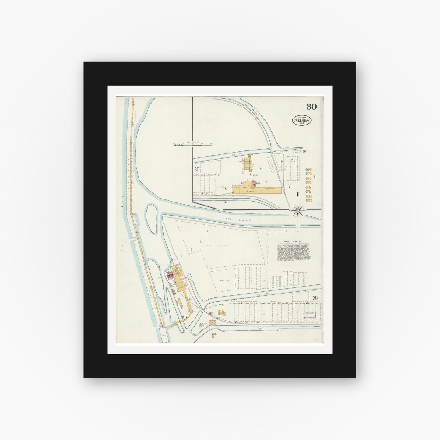 Old map wall art mockup — black gallery frame with white mat — Sanborn Fire Insurance Map from Green Bay, Brown County, Wisconsin (1900), Sheet #0030