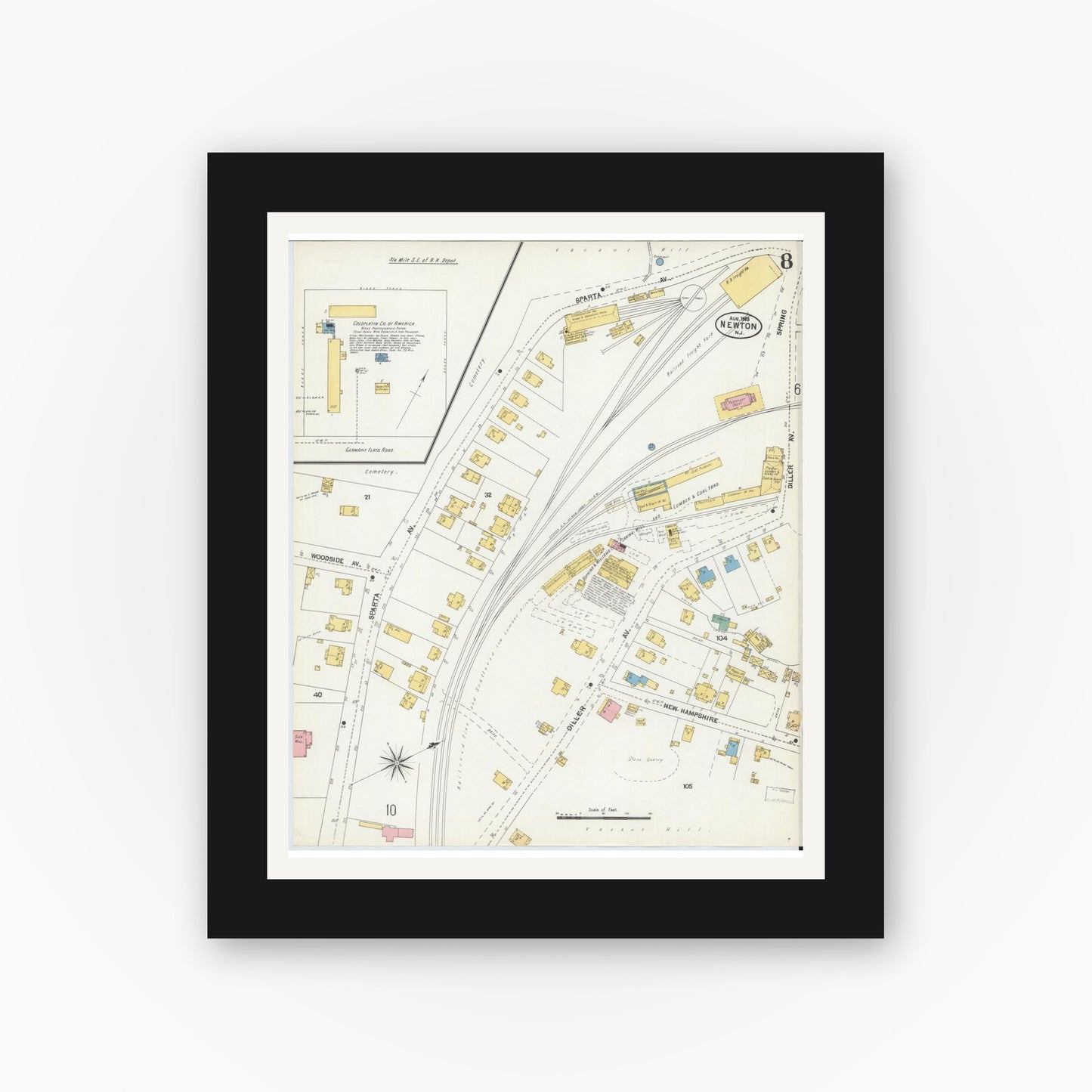 Old map wall art mockup — black gallery frame with white mat — Sanborn Fire Insurance Map from Newton, Sussex County, New Jersey (1903), Sheet #0008
