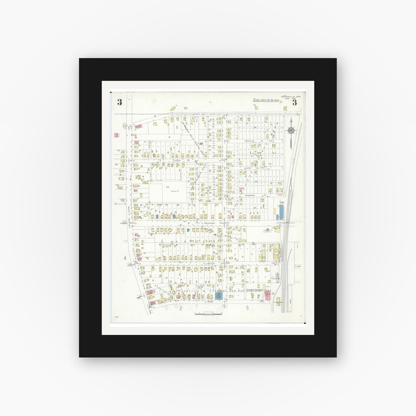 Old map wall art mockup — black gallery frame with white mat — Sanborn Fire Insurance Map from Westerville, Franklin County, Ohio (1933), Sheet #0003