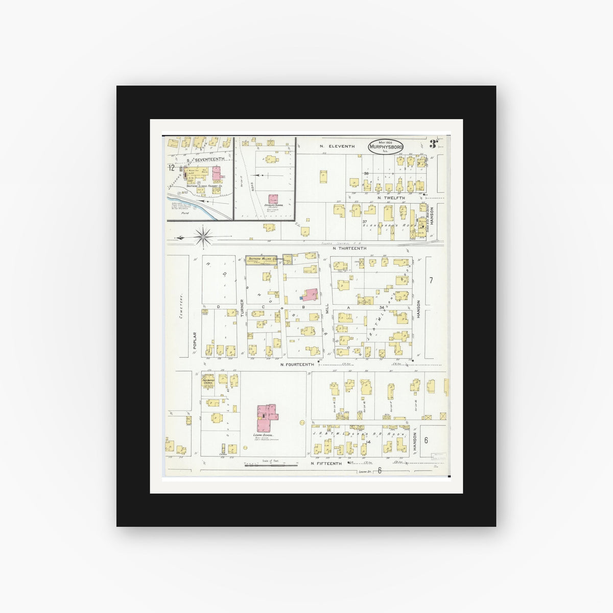 Old map wall art mockup — black gallery frame with white mat — Sanborn Fire Insurance Map from Murphysboro, Jackson County, Illinois (1909), Sheet #0003