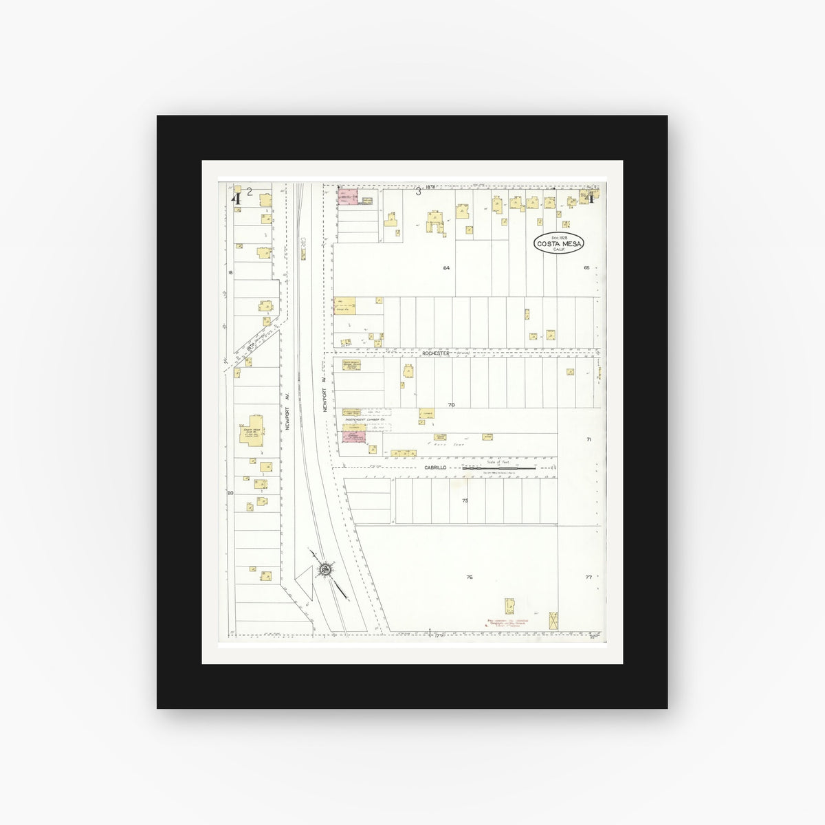 Old map wall art mockup — black gallery frame with white mat — Sanborn Fire Insurance Map from Costa Mesa, Orange County, California (1928), Sheet #0004
