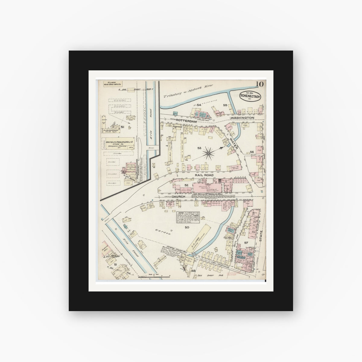 Old map wall art mockup — black gallery frame with white mat — Sanborn Fire Insurance Map from Schenectady, Schenectady County, New York (1884), Sheet #0010