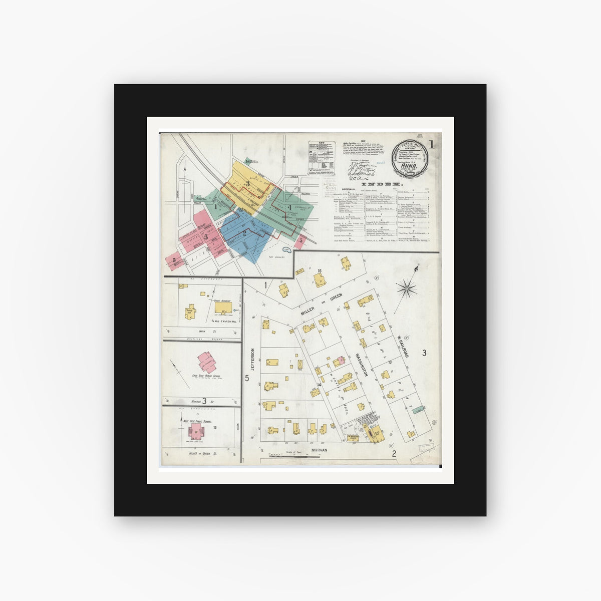 Old map wall art mockup — black gallery frame with white mat — Sanborn Fire Insurance Map from Anna, Union County, Illinois (1900) - Complete Map Set