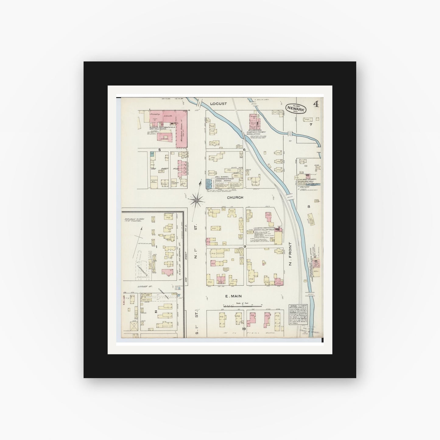Old map wall art mockup — black gallery frame with white mat — Sanborn Fire Insurance Map from Newark, Licking County, Ohio (1884), Sheet #0004
