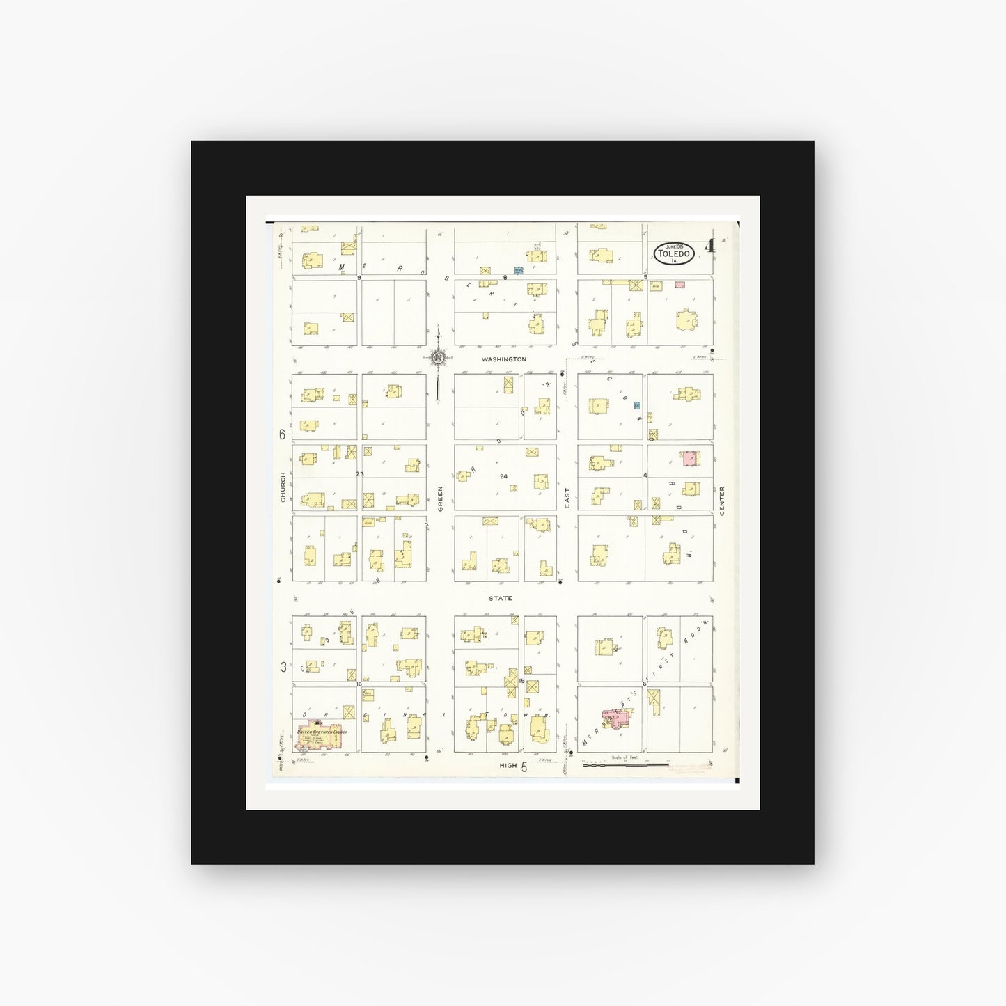 Old map wall art mockup — black gallery frame with white mat — Sanborn Fire Insurance Map from Toledo, Tama County, Iowa (1915), Sheet #0004