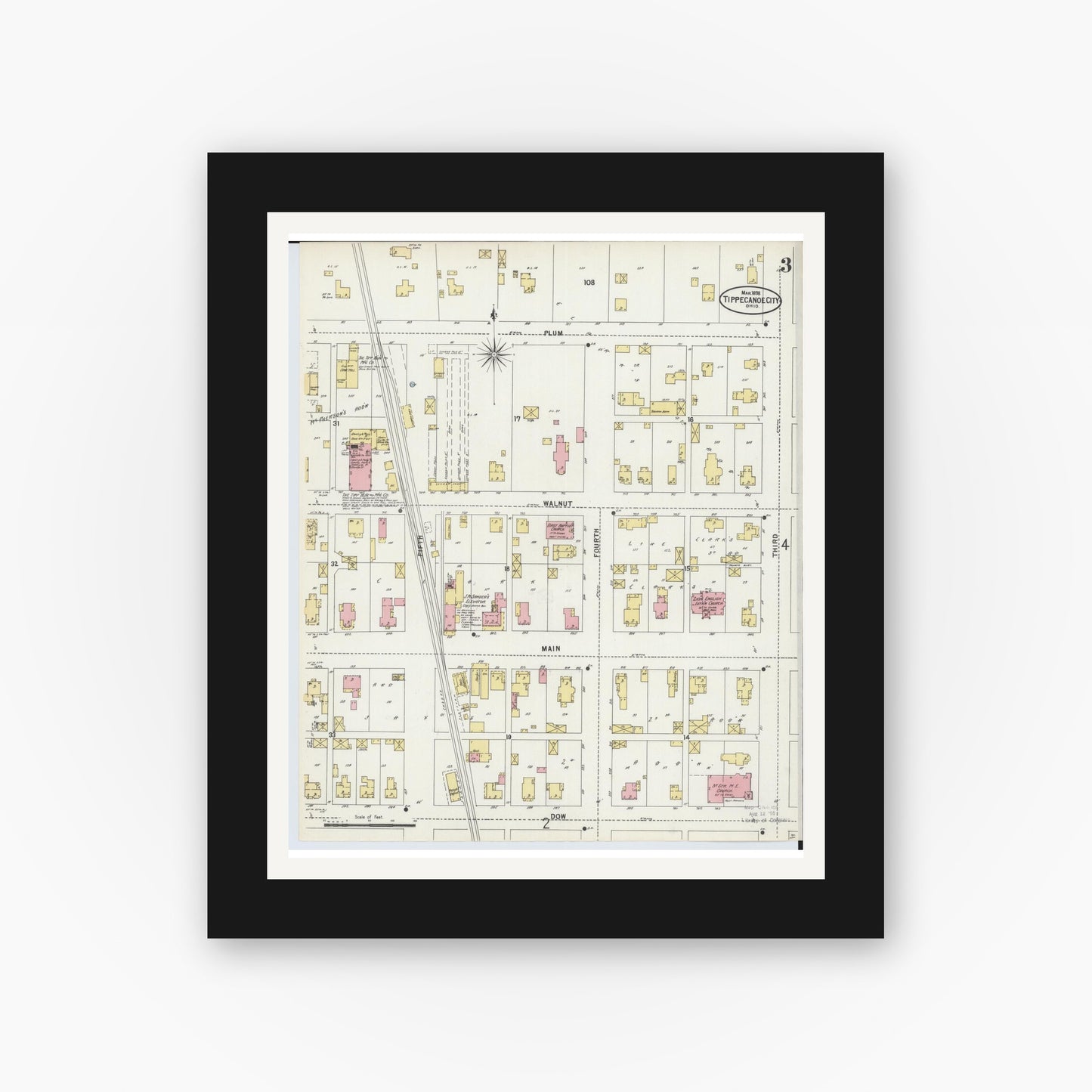 Old map wall art mockup — black gallery frame with white mat — Sanborn Fire Insurance Map from Tipp City, Miami County, Ohio (1898), Sheet #0003
