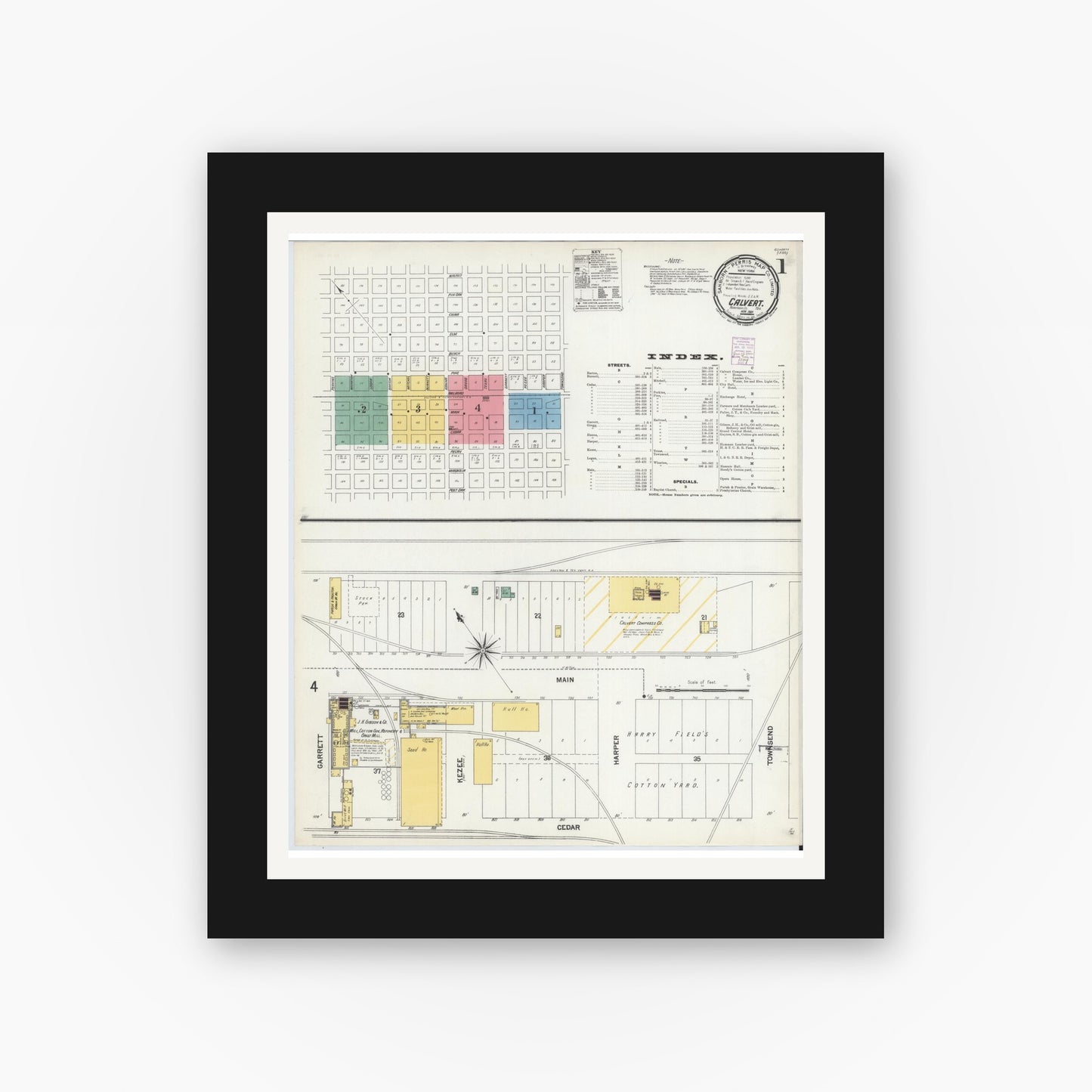 Old map wall art mockup — black gallery frame with white mat — Sanborn Fire Insurance Map from Calvert, Robertson County, Texas (1901), Sheet #0001