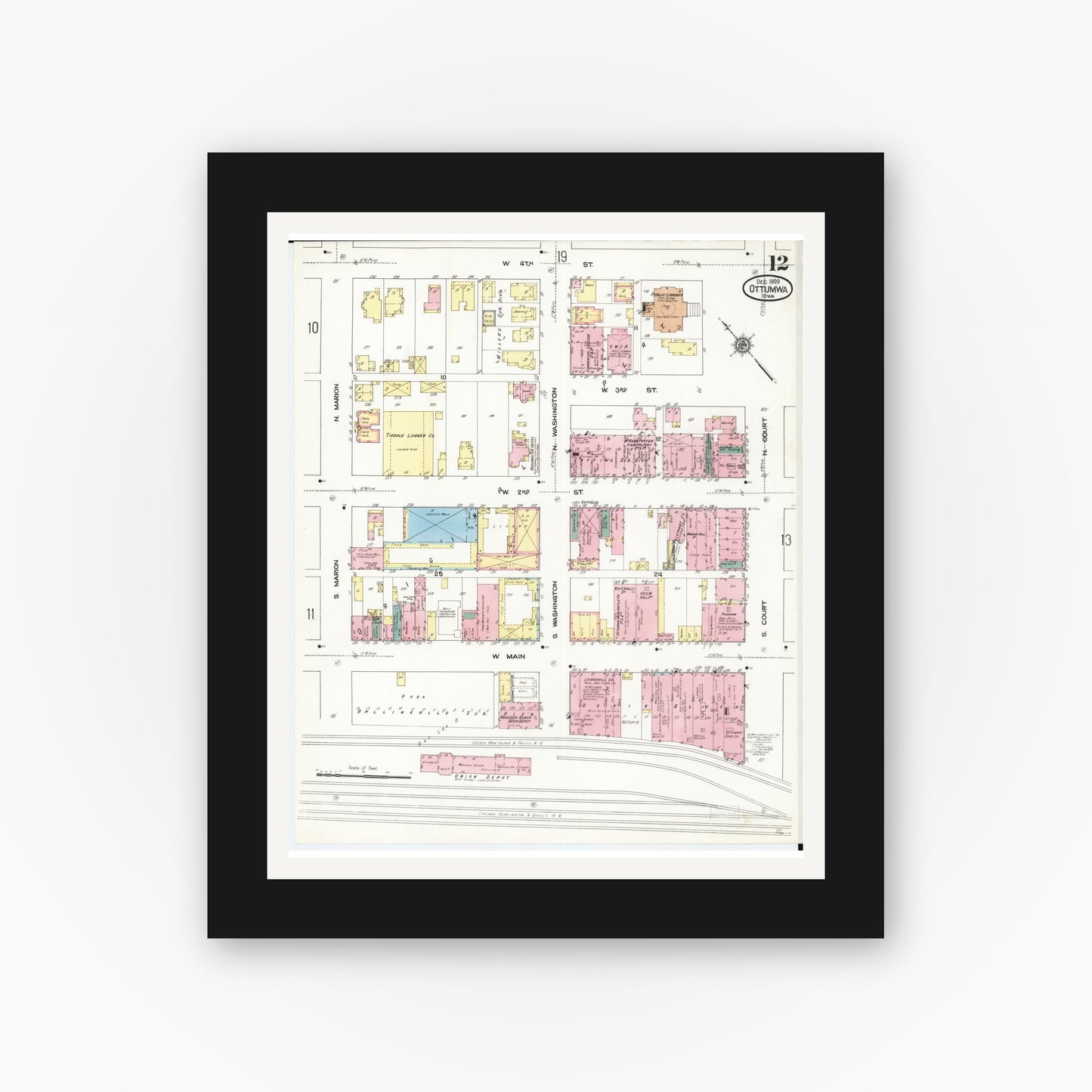 Old map wall art mockup β black gallery frame with white mat β Sanborn Fire Insurance Map from Ottumwa, Wapello County, Iowa (1909), Sheet #0012