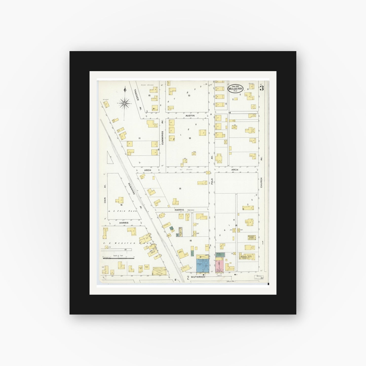 Old map wall art mockup — black gallery frame with white mat — Sanborn Fire Insurance Map from Mulberry, Polk County, Florida (1909), Sheet #0003