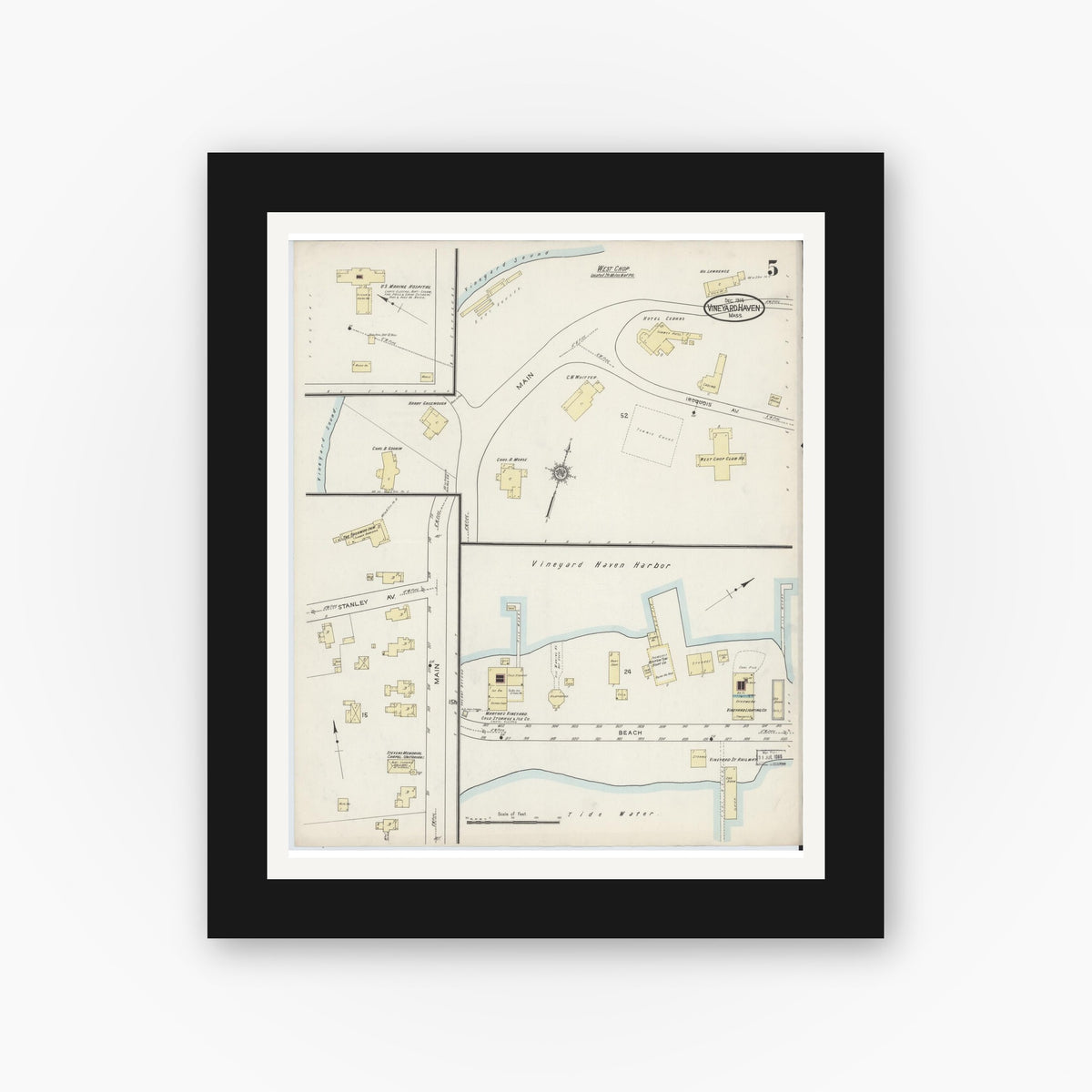 Old map wall art mockup — black gallery frame with white mat — Sanborn Fire Insurance Map from Vineyard Haven, Dukes County, Massachusetts (1914), Sheet #0005