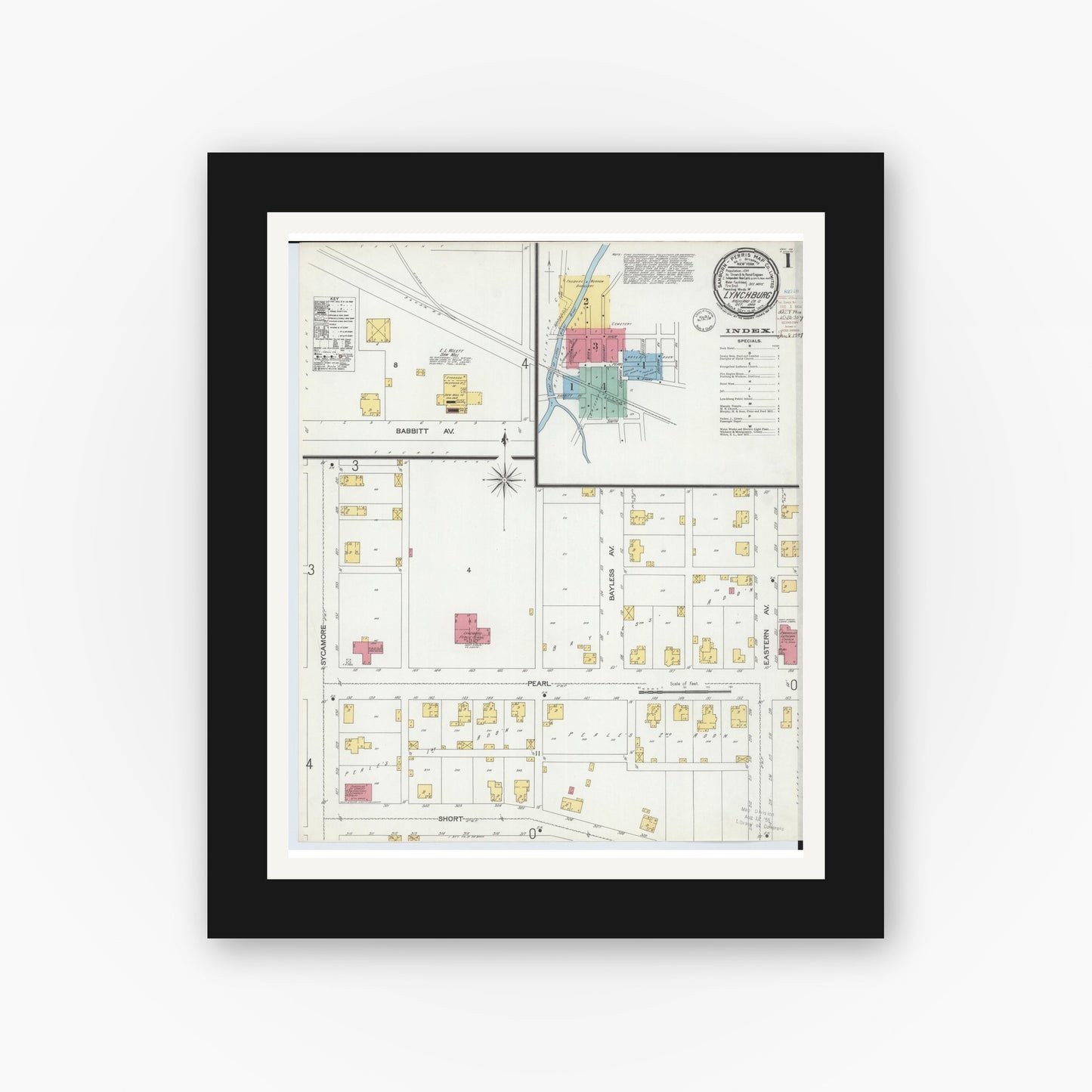 Old map wall art mockup — black gallery frame with white mat — Sanborn Fire Insurance Map from Lynchburg, Highland County, Ohio (1900) - Complete Map Set