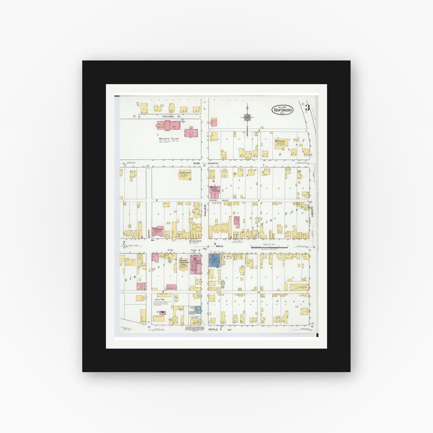 Old map wall art mockup — black gallery frame with white mat — Sanborn Fire Insurance Map from New Concord, Muskingum County, Ohio (1918), Sheet #0003