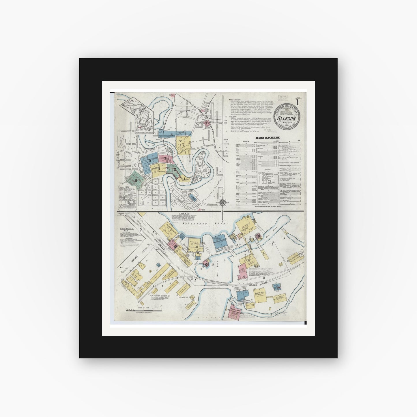 Old map wall art mockup — black gallery frame with white mat — Sanborn Fire Insurance Map from Allegan, Allegan County, Michigan (1918) - Complete Map Set