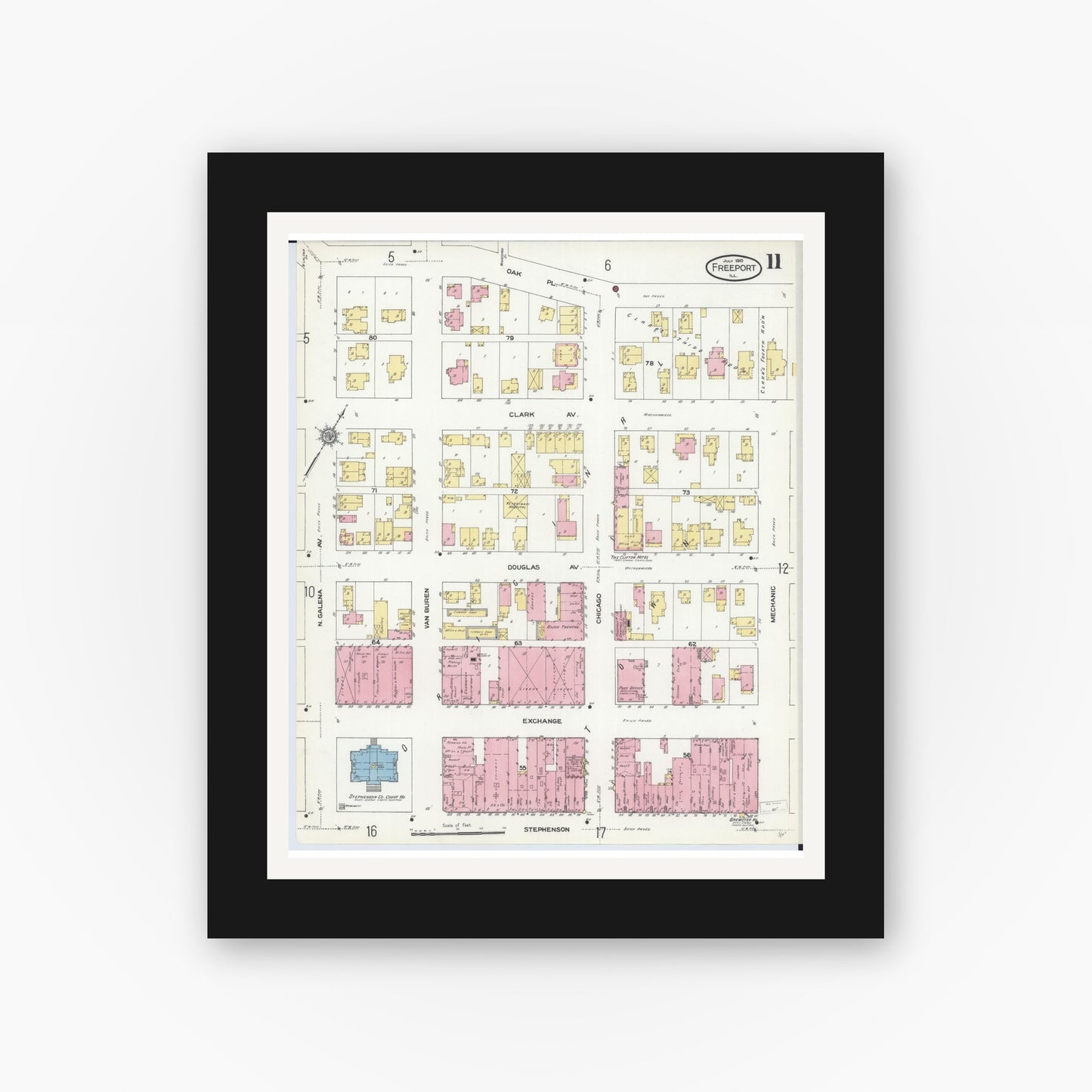 Old map wall art mockup — black gallery frame with white mat — Sanborn Fire Insurance Map from Freeport, Stephenson County, Illinois (1910), Sheet #0011